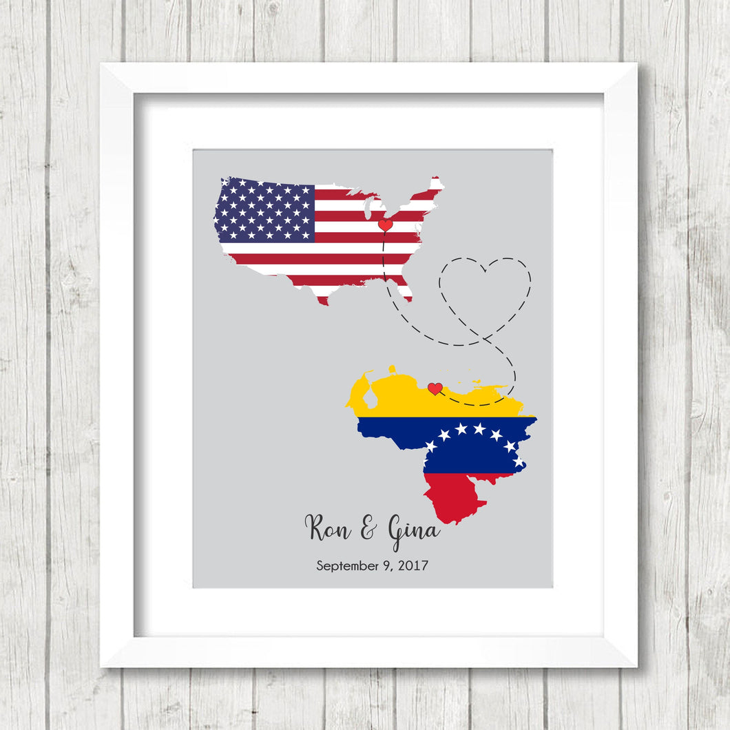 International Love Map - Two Countries, One Print - Columbus, Ohio, USA - Caracas, Capital District, Venezuela - Venezuelan - American