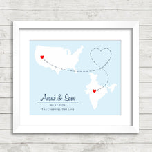 Load image into Gallery viewer, International Love Map - Two Countries, One Print - Reno, Nevada, USA - Madhya Pradesh, India - Bay of Bengal - Central India - Mumbai -
