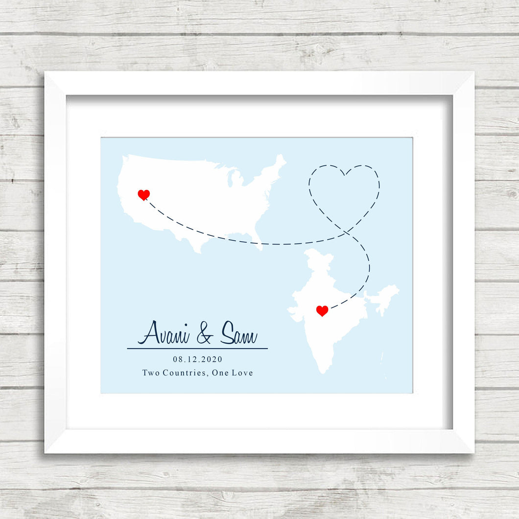 International Love Map - Two Countries, One Print - Reno, Nevada, USA - Madhya Pradesh, India - Bay of Bengal - Central India - Mumbai -