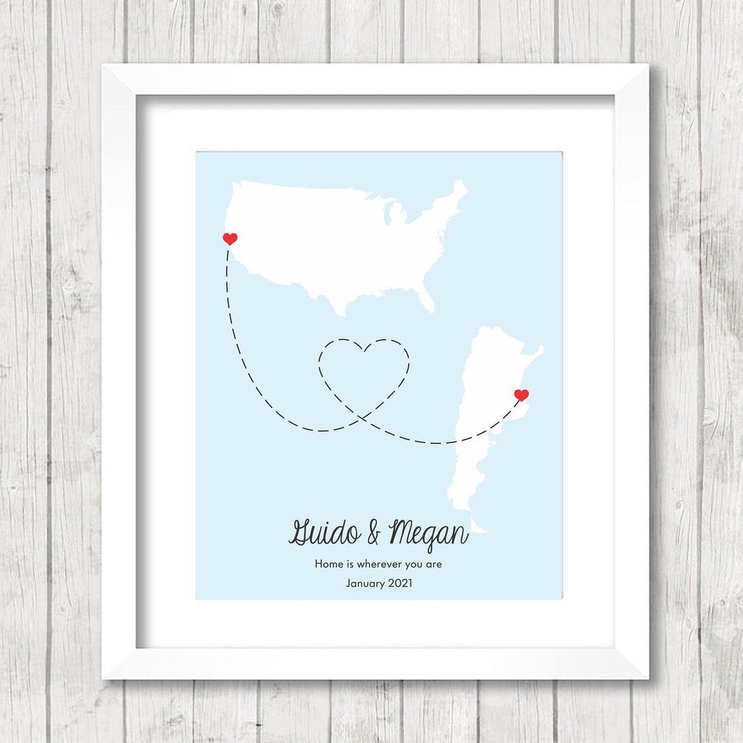 International Love Map - Two Countries, One Print - San Francisco, California, USA - Buenos Aires, Argentina - Christmas Gift -