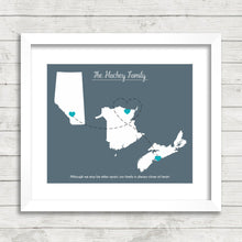 Load image into Gallery viewer, Family Love Map - Three Provinces, One Print - Calgary, Alberta - Bathurst, New Brunswick - Halifax, Nova Scotia - Canadian Family -
