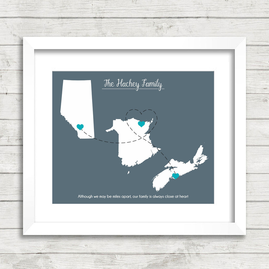 Family Love Map - Three Provinces, One Print - Calgary, Alberta - Bathurst, New Brunswick - Halifax, Nova Scotia - Canadian Family -