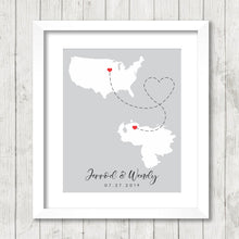 Load image into Gallery viewer, International Love Map - Two Countries, One Print - Des Moines, Iowa, USA - Barquisimeto, Lara, Venezuela - Venezuelan - American
