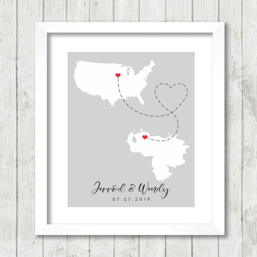 International Love Map - Two Countries, One Print - Des Moines, Iowa, USA - Barquisimeto, Lara, Venezuela - Venezuelan - American