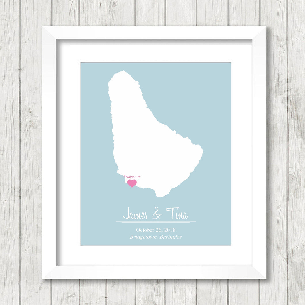 Barbados Map - Bridgetown, Barbados - Eastern Caribbean - Beach or Destination Wedding - Barbadians - Paper Anniversary - Honeymoon