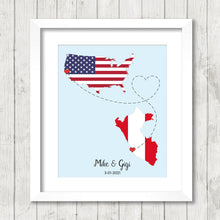 Load image into Gallery viewer, International Love Map - Two Countries, One Print - Hayward, California, USA - Bay Area - Pisco, Peru - Peruvian - American - Peru Flag -
