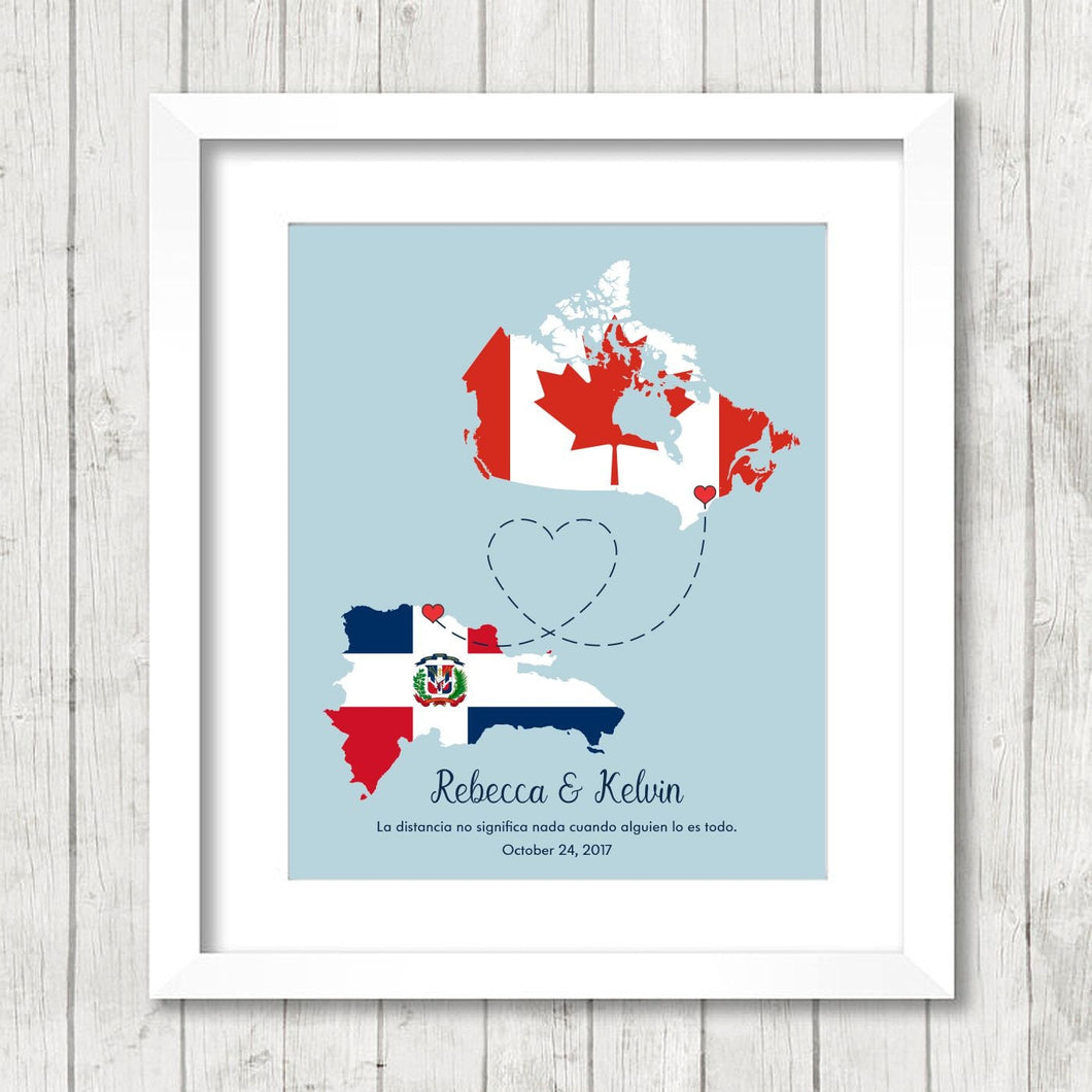 International Love Map - Two Countries, One Print - Ottawa, Ontario, Canada - Puerto Plata, Dominican Republic - Dominican - Canadian