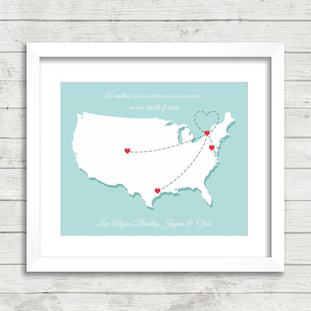 USA Family Map - A Mother & Her Children - Houston, Texas - Denver, CO - Alexandria, VA - Rochester, New York - Mother's Day-Gift