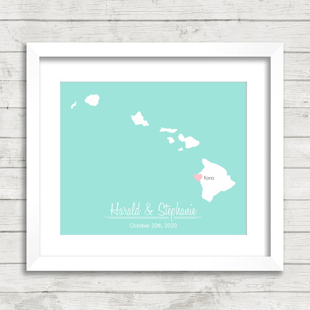 Hawaii Map - Kona, Hawaii - Hawaiian - Kailua-Kona - Big Island - Destination Wedding - Aloha - Wedding, Engagement & Anniversary