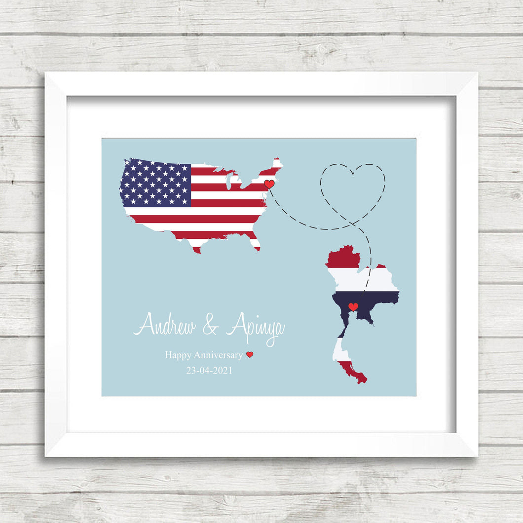 International Love Map - Two Countries, One Print - NYC, New York, USA - Bangkok, Thailand - Long Distance Love -