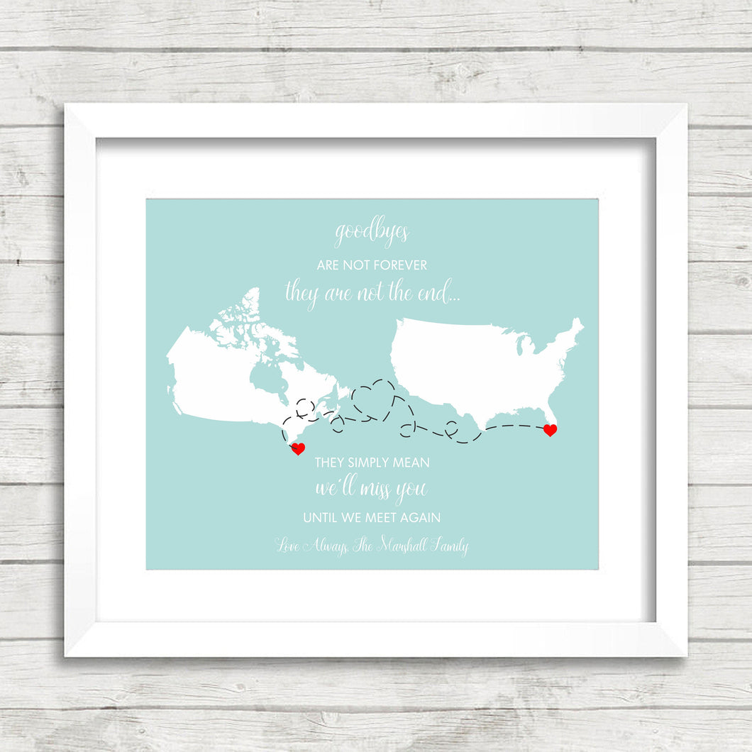 Long Distance Friendship or Family Map - Brampton, Ontario, Canada - Key West, Florida, USA - Moving Away - Goodbyes Are Not Forever