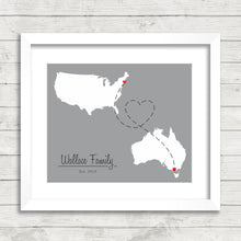 Load image into Gallery viewer, International Love Map - Two Countries, One Print - Rhode Island, Melbourne, Victoria, Australia - Paper Anniversary - Long Distance
