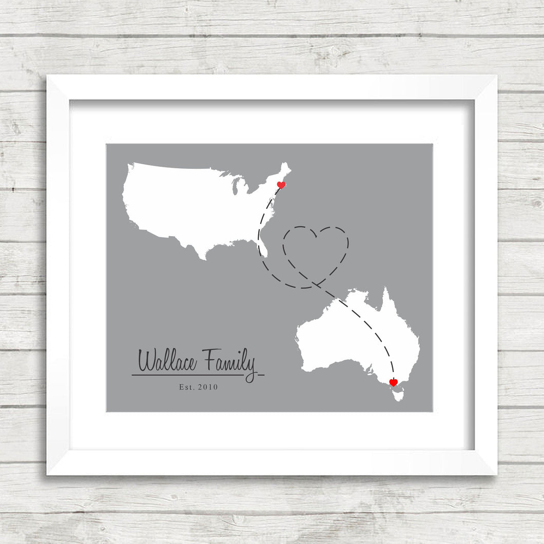 International Love Map - Two Countries, One Print - Rhode Island, Melbourne, Victoria, Australia - Paper Anniversary - Long Distance