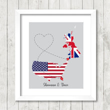 Load image into Gallery viewer, International Love Map - Two Countries, One Print - North Port, Florida, USA - Helston, Cornwall, England - UK - English -Long Distance
