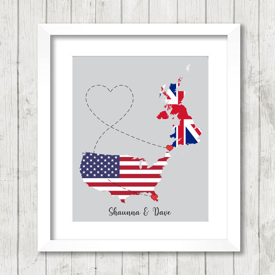 International Love Map - Two Countries, One Print - North Port, Florida, USA - Helston, Cornwall, England - UK - English -Long Distance