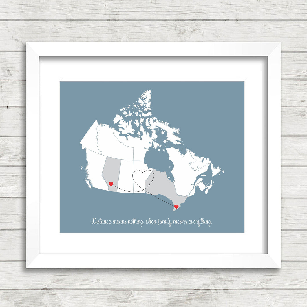 Canadian Family Map - Two Provinces, One Print - Calgary, Alberta - London, Ontario - Mom & Dad Gift - Christmas Gift - Gift for Sis