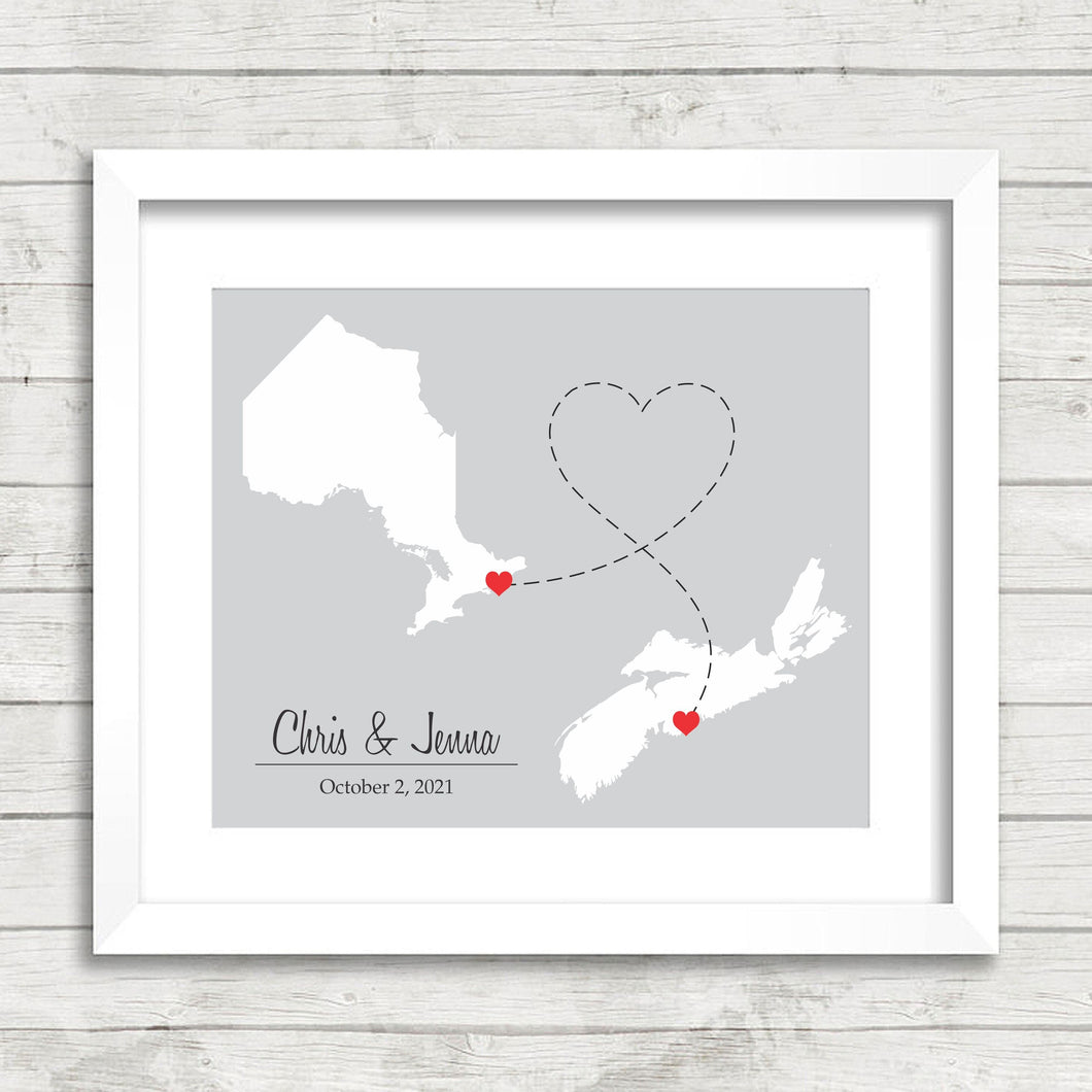 Canadian Provinces Love Map - Two Provinces, One Print - Halifax, Nova Scotia - Kingston, Ontario - Canadian Family Map - East Coast