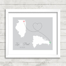 Load image into Gallery viewer, International Love Map - Two Countries, One Print - Punta Cana, Dominican Republic - Palatine, Illinois, USA - Long Distance Love
