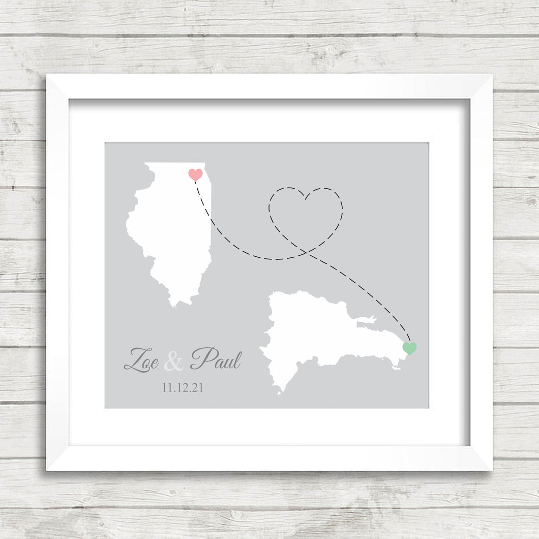 International Love Map - Two Countries, One Print - Punta Cana, Dominican Republic - Palatine, Illinois, USA - Long Distance Love