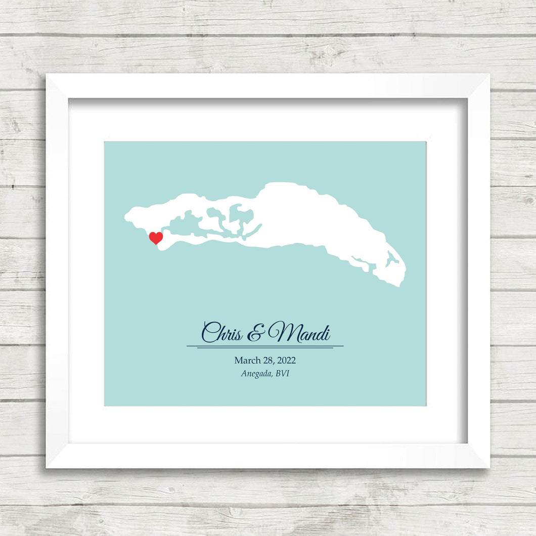 Anegada, British Virgin Islands Map - Loblolly Bay - Cow Wreck Beach - Destination/Beach Wedding - Newlyweds -  Engagement & Anniversary