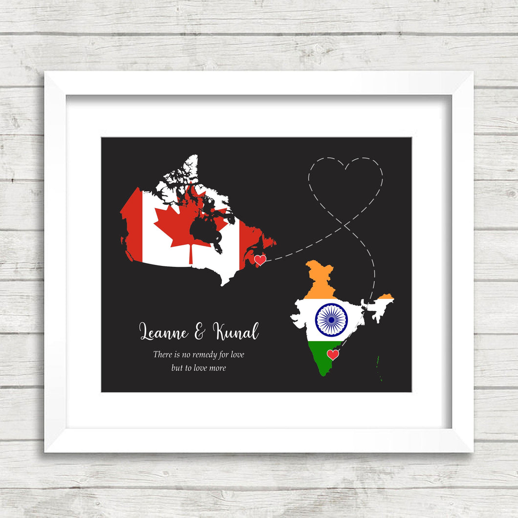 International Love Map - Two Countries, One Print - Nova Scotia, Canada - Chennai, Tamil Nadu, India - Paper Anniversary - Indian