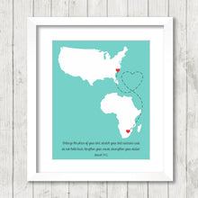 Load image into Gallery viewer, International Love Map - Two Countries, One Print - Myrtle Beach, South Carolina, USA - Pretoria, South Africa - New Beginnings
