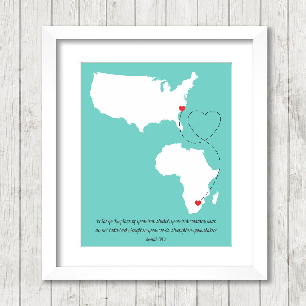 International Love Map - Two Countries, One Print - Myrtle Beach, South Carolina, USA - Pretoria, South Africa - New Beginnings