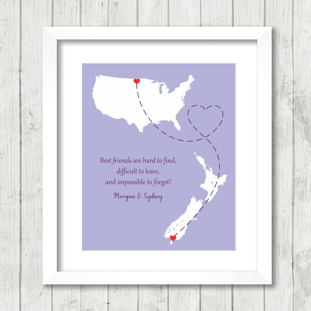 International Friendship Map - Two Countries, One Print - Minot, North Dakota, USA - Invercargill, New Zealand - Long Distance Friendship