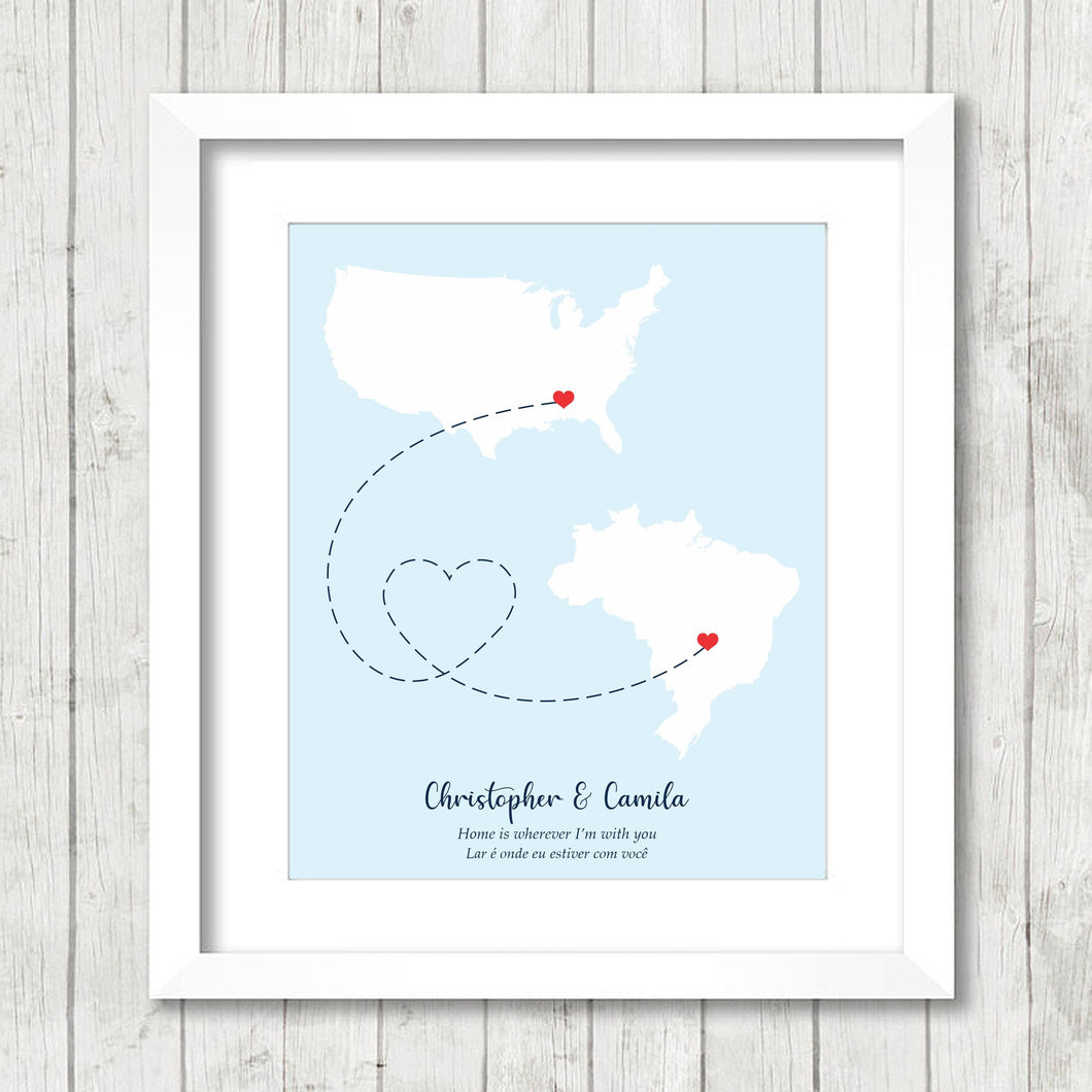 International Love Map - Two Countries, One Print - Alabama, USA - Goiânia, Goiás, Brazil - Brazilian - American - Paper Anniversary