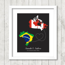 Load image into Gallery viewer, International Love Map - Two Countries, One Print - Ottawa, Ontario, Canada - Sorocaba, State of São Paulo, Brazil - Brazilian &amp; Canadian
