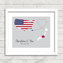 Load image into Gallery viewer, International Love Map - Two Countries, One Print - Miami, Florida, USA - Yokohama, Japan - Pacific Ocean - Japanese - American - Tokyo
