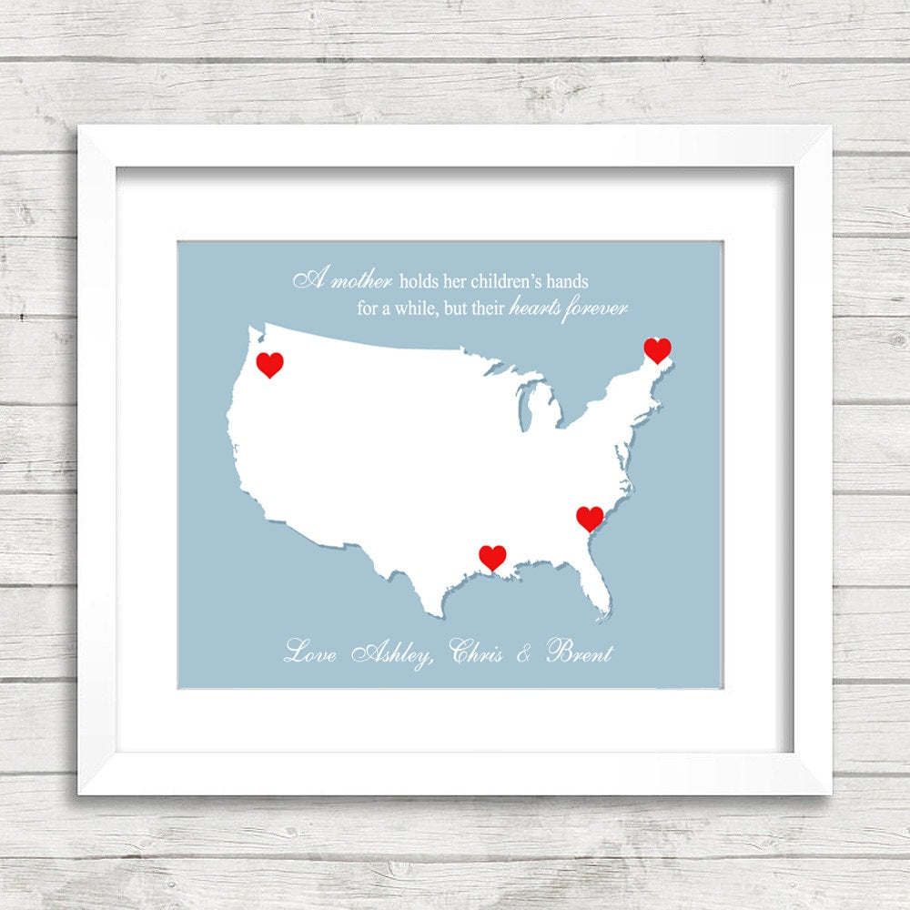 USA Family Map - Mother & Children Map - Long Distance - Mother's Day - Gifts for Mom - Mother's Love Quote - Personalized Map Gift