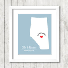 Load image into Gallery viewer, Alberta Love Map - Edmonton, Alberta - Canada - Western - Canadian Love - Newlyweds - Same Sex - Gay Wedding - Wedding Gift - Wall Art
