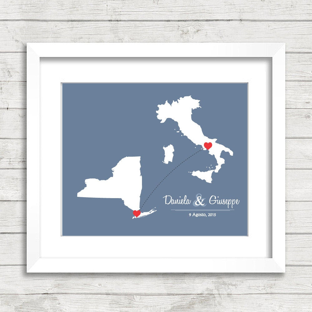 International Love Map - Two Countries, One Print - Long Island City, New York - Avellino, Italy - Long Distance - European & American