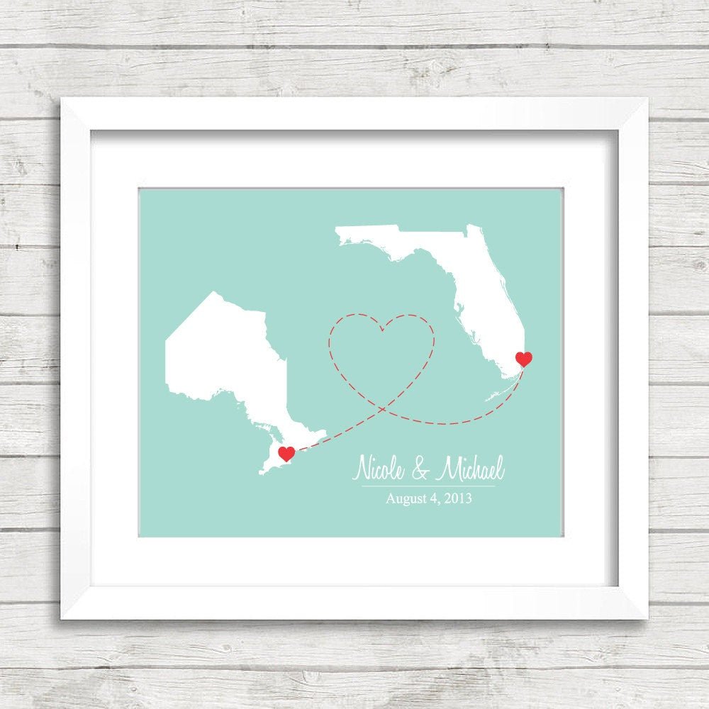 International Love Map - Two Countries, One Print - Miami, Florida - Toronto, Ontario - Canadian & American - Paper Anniversary