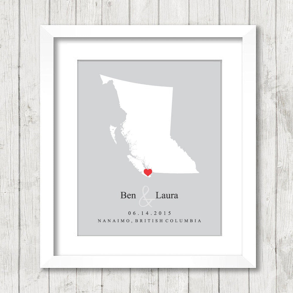 British Columbia Love Map - Nanaimo, BC - Canada - Canadian Love - Newlyweds - West Coast Canada - Wedding Gift - Wall Art