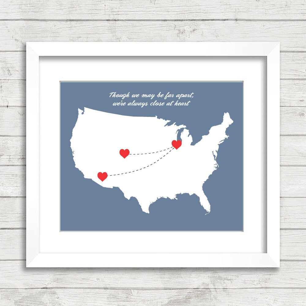 USA Family Map - Long Distance Heart Trail - Chicago, Illinois - Denver, Colorado - Phoenix, Arizona - Long Distance Family