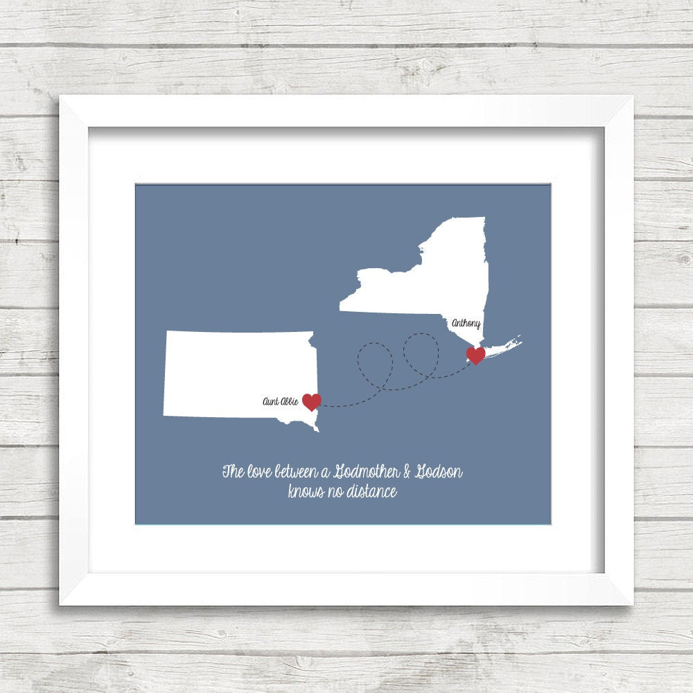 Godparents State Print - Sioux Falls, South Dakota - Brooklyn, New York - Goddaughter - Godson - Long Distance Love - Family Print