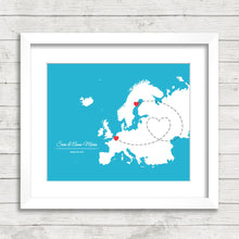 Load image into Gallery viewer, European Love Map - Long Distance Love - Umeå, Sweden - Brussels, Belgium - Groningen, Netherlands - Europe Map - Paper Anniversary
