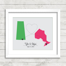 Load image into Gallery viewer, Canada Love Map - Estevan, Saskatchewan - Toronto, Ontario - Two Provinces, One Print - Any Provinces Available - Long Distance Love
