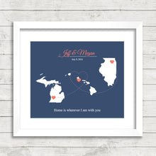 Load image into Gallery viewer, USA Love Map - Three States, One Print - Bryon Center, Michigan - Honolulu, Hawaii - Somonauk, Illinois - Relationship Timeline
