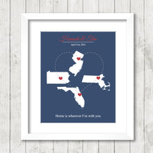 Load image into Gallery viewer, USA Love Map - Four States, One Print - Dunellen, New Jersey - Acton, MA - Orlando, Florida - Lebanon, PA-Mr. and Mrs.-Relationship Timeline
