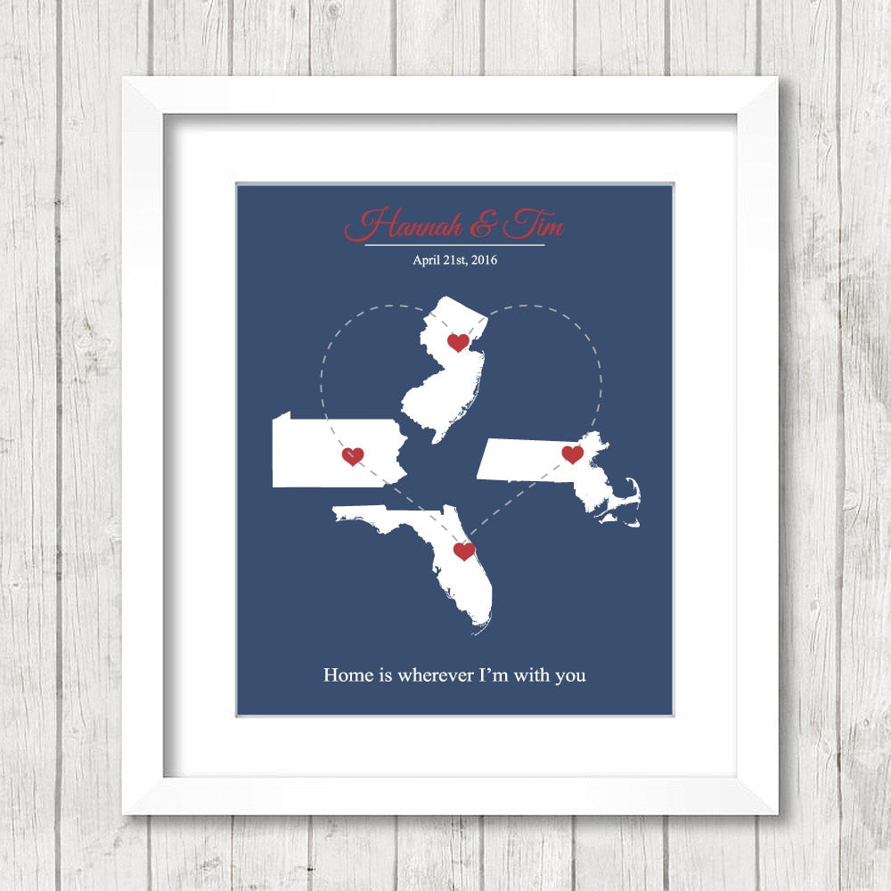 USA Love Map - Four States, One Print - Dunellen, New Jersey - Acton, MA - Orlando, Florida - Lebanon, PA-Mr. and Mrs.-Relationship Timeline